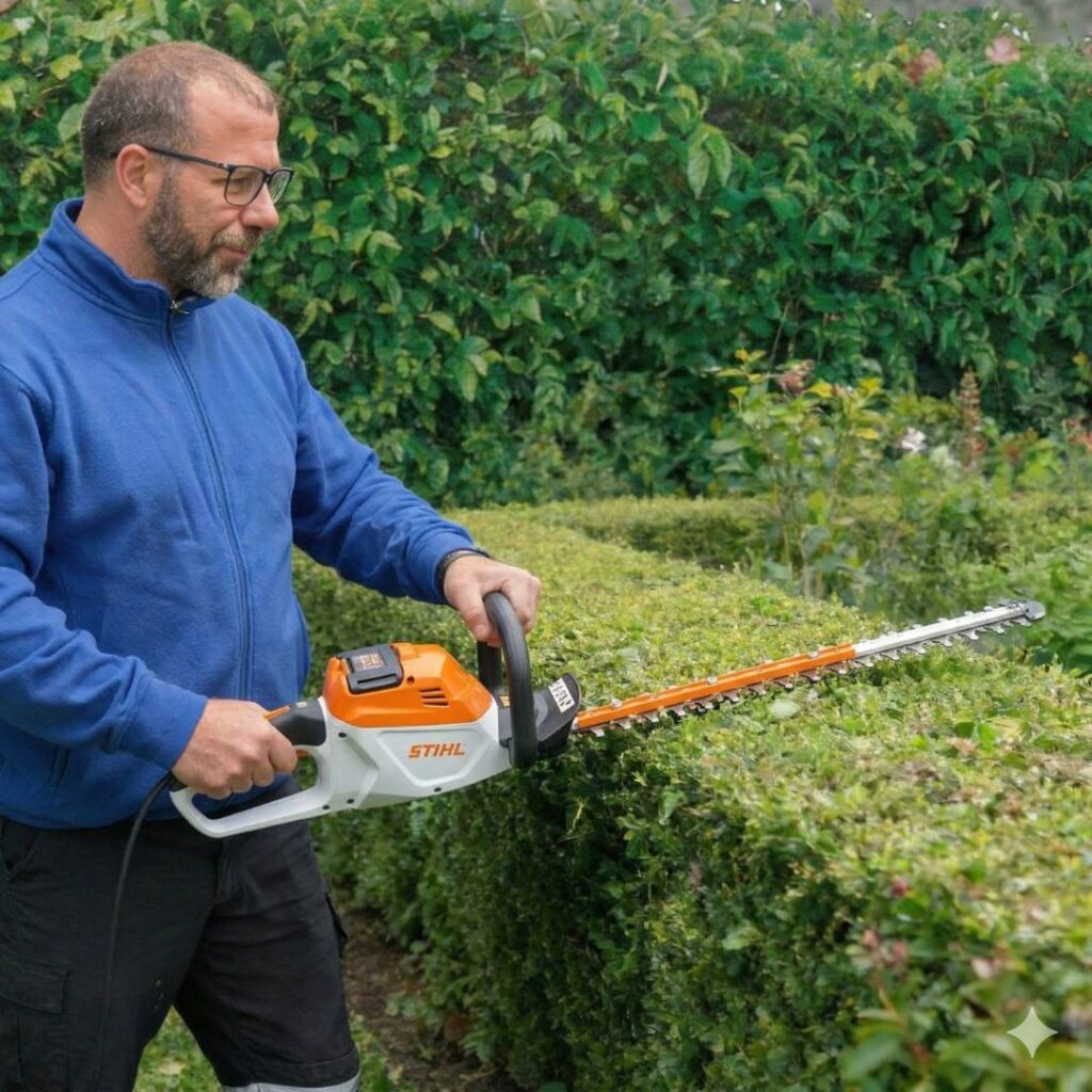 Mitarbeiter von HMS Demirci beim Heckenschnitt – Hausmeisterservice und Gartenpflege in Germering